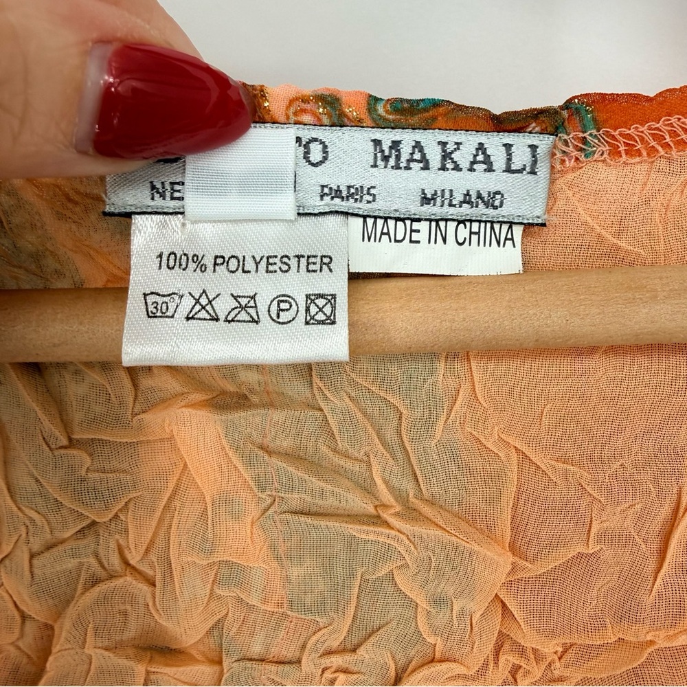 Alberto Makali Y2K Silk Look Orange Floral Crinkle Mesh Top Blouse Large L Boho - Picture 7 of 15